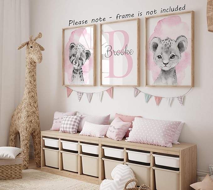 Safari Animals Set of 3 Unframed Poster Prints for Baby Girls Nursery Bedroom Playroom, Personalized Name, Choice of 12 Animals, Pink Purple (8x10)
