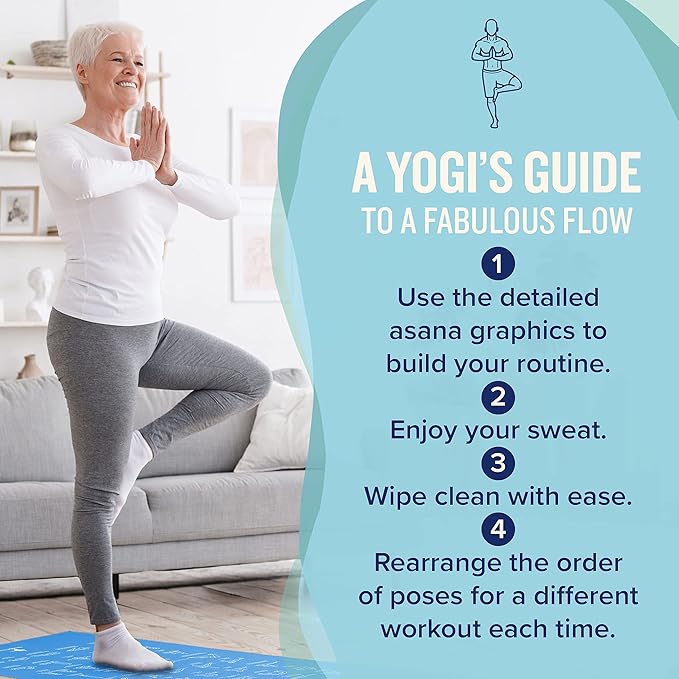 NewMe Fitness Yoga Mat for Women and Men - Large, 5mm Thick, 68 Inch Long, Non Slip Exercise Mats w/ 70 Printed Yoga Poses for Pilates, Workout and Stretching - Home and Gym Essentials