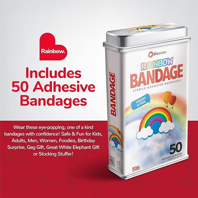 BioSwiss Bandages, Rainbow Shaped Self Adhesive Bandage, Latex Free Sterile Wound Care, Fun First Aid Kit Supplies for Kids, 50 Count