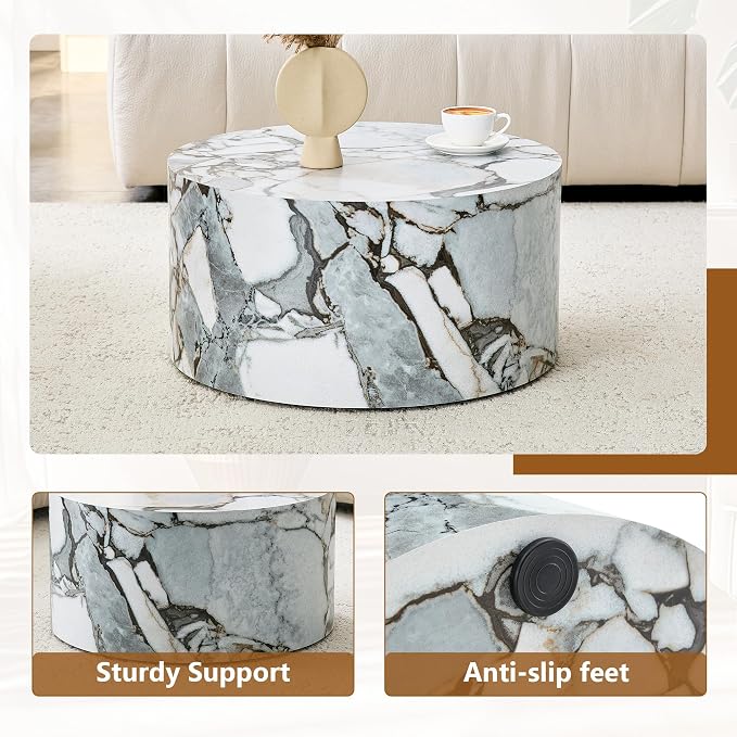 Round Coffee Table, 23.6" Modern Faux Marble Drum Coffee Table, Round Accent - Image 7