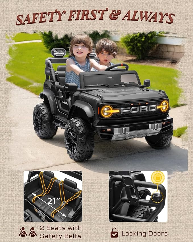 24V Ride on Toys for Big Kids, Licensed Ford Bronco Raptor Electric Car 2 Seater with Remote Control, Kids Ride on Cars w/ 2-Seater, 4.3 Mph Max Speed, Soft Start Function (24V, Black)