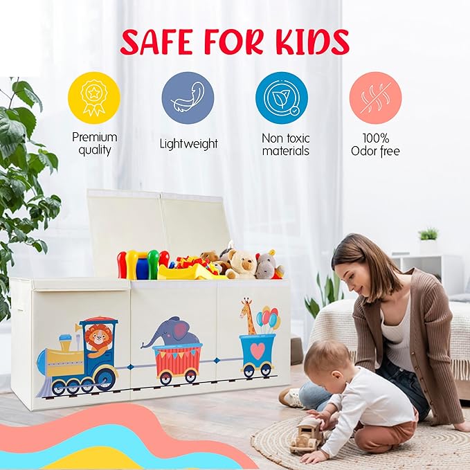Extra Large Collapsible Sturdy Toy Storage Organizer with Lids, Animal Train Toy Box for Boys Girls, 40"x16"x16", Modern, Beige
