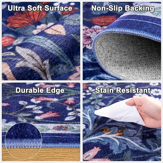 Area Rugs 9x12 Living Room: Floral Washable Rug Vintage Large Soft Boho Non-Slip Carpet Indoor Floor Stain Resistant Low Pile Carpets for Bedroom Dining Room Farmhouse Nursery Home Office Blue