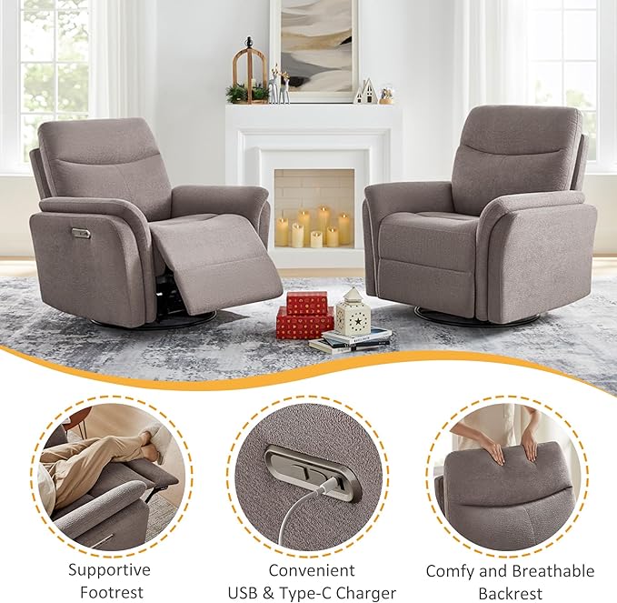 Power Recliner Chair Swivel Glider, Electric Rocking Recliner Chairs with USB and Type-C Ports, Nursery Chair Recliner for Living Room, Bedroom, Apartment（Light Brown）