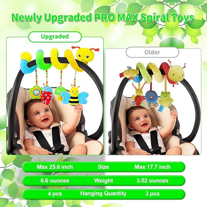 FPVERA Car Seat Toys for Babies 0-6 Months Upgraded Version Spiral Car Seat & Stroller Activity Toy, Soft Plush Hanging Toys with Rattles, Best Gift for Ages 0 and Up