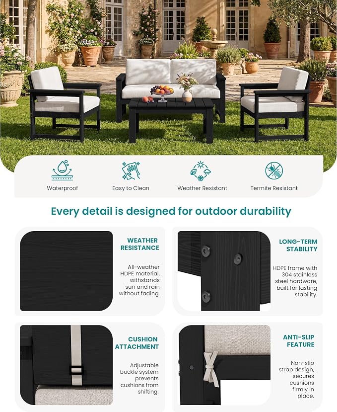 SERWALL 4-Piece Outdoor Patio Sofa Set, HDPE All-Weather Loveseat Sofa - Image 4