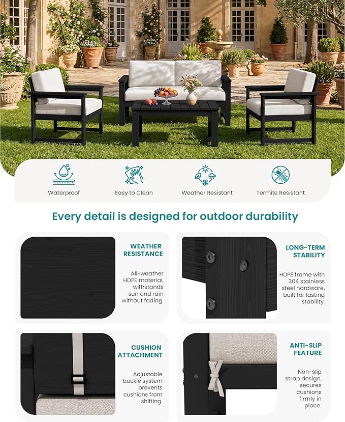 SERWALL 8 Pieces HDPE Outdoor Conversation Sofa Set - Image 4