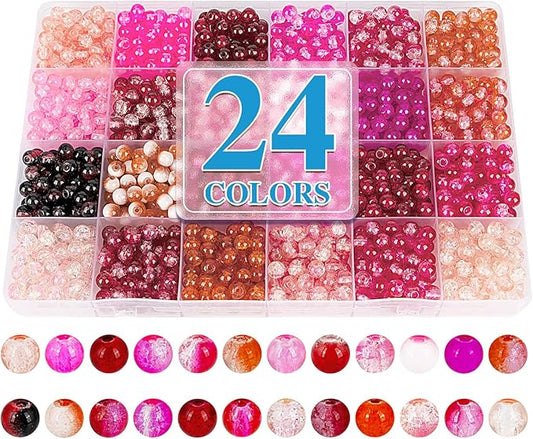 XSEINO About 1200pcs 6mm Crackle Glass Beads Bracelet Making Kit,24 Assorted Colors Crack Blush Pink Series Crystal Glass Bead for Bracelet Jewelry Making,DIY Crafts,Friendship Bracelets