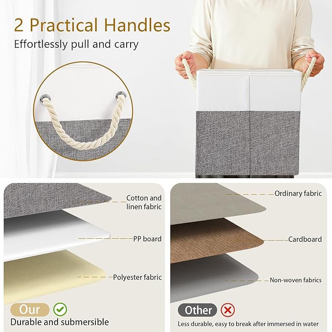 Yawinhe Foldable Storage Basket 3-Pack, Large Fabric Bins with Rope Handle, Used for Organizing Shelves, Closets, Clothes, 12.99''Lx9.05''Wx7.87''H, White/Grey