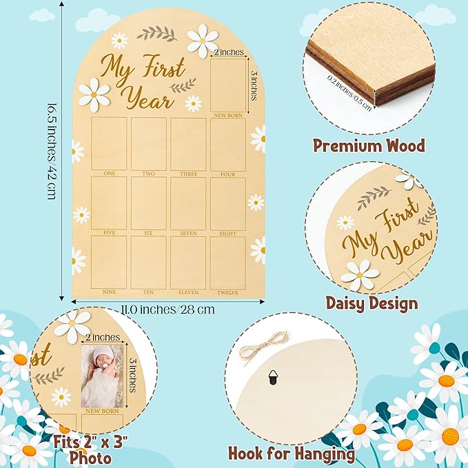 R HORSE My First Year Photo Display Wood Board, 3D Daisy Baby's First Year Picture Frame 12 Months Milestone Board Neutral Baby Keepsake Birthday Nursery Decor Gift for Boy Girl