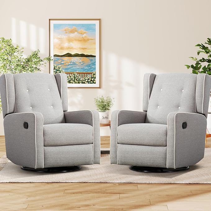 Swivel Rocker Recliner Chair Set of 2, Nursery Glider Chair, Nursery Rocking Chairs, Manual Reclining Chair, Grey