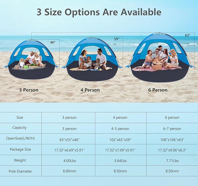 NXONE Beach Tent Sun Shade Shelter for 3/4/6 Person Person with UV Protection, Extended Floor, 3 Mesh Roll Up Windows & 8.0/8.5mm Fiberglass Rods丨Carry Bag Included