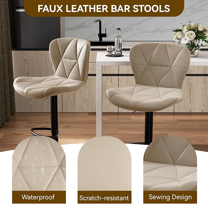 Nalupatio Modern Bar Stools Set of 2, Adjustable Faux Leather Upholstered - Image 3