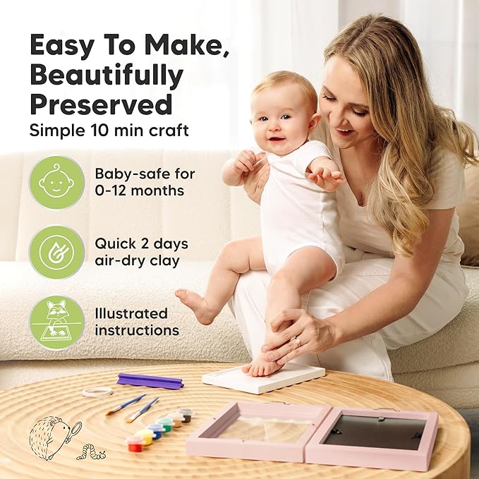 Personalized Baby Hand and Footprint Kit, Quick Dry Clay - Newborn Keepsake Feet and Handprint Kit, Nursery Picture Frame, New Mom Gifts for Baby Showers & Registry (Petal Pink)