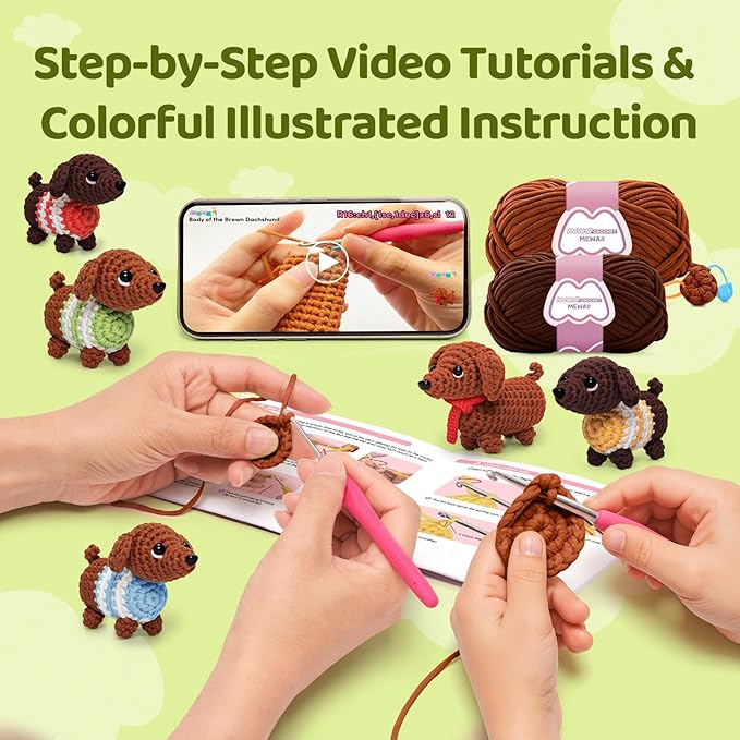 Mewaii Crochet Kit for Beginners – 5 Easy Dachshund Dog Crochet Kits with Step-by-Step Video Tutorials, Pre-Started Yarn, 40% Extra Yarn, Beginner Crochet Kit for Adults & Kids