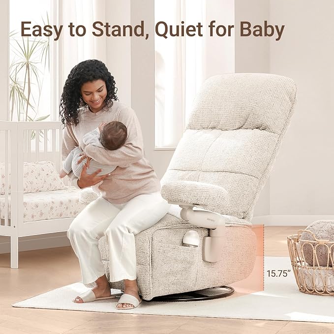 Nursery Swivel Glider Recliner Chair with Adjustable Armrests & Headrest, Rocking Chair Nursery with Removable Cover for Breastfeeding, FSC & Oeko-TEX Certified, Beige