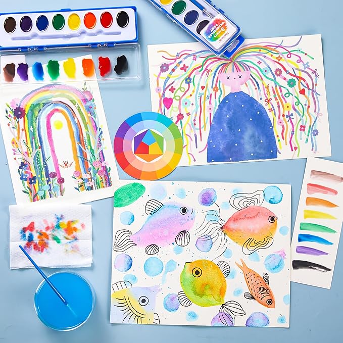 Shuttle Art 8 Colors Watercolor Paint Set, 60 Pack with Paint Brushes & Color Wheels, Washable for Kids & Adults, Suitable for Classroom, Parties, Kindergarten & Art