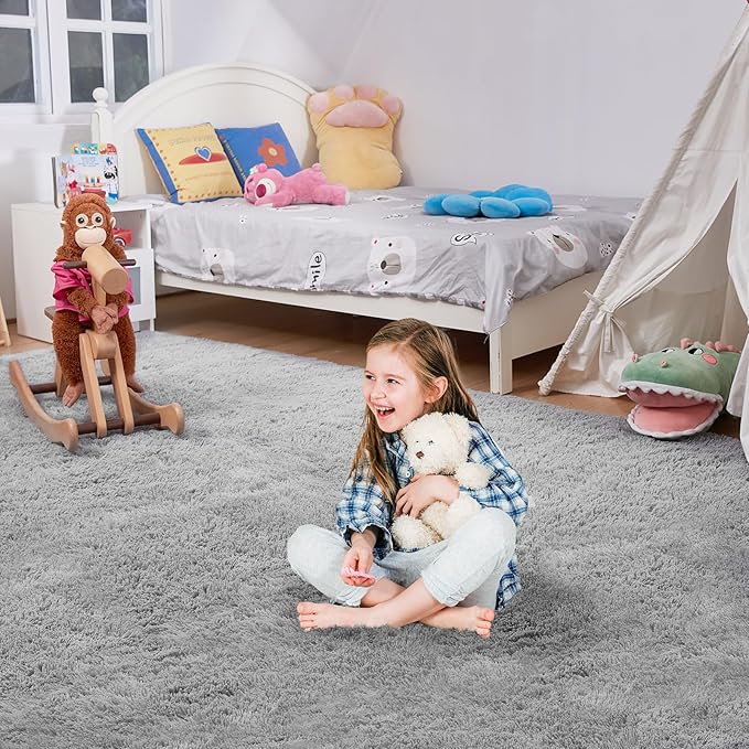 Rugs for Living Room 6x9 Light Grey, Large Big Fluffy Shag Fuzzy Plush Soft Carpet for Bedroom, Kids Home Decor Aesthetic, Nursery, Modern Shaggy Area Rug for Classroom Office, Anti-Skid