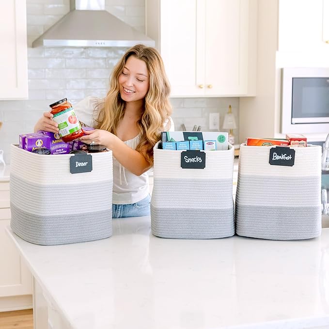 NaturalCozy 13x15x13 Kallax Storage Cubes Bins, 3 Pack | Cotton Rope Cube Storage Bin Woven Baskets for Organizing | Kallax Insert Storage Baskets for Shelves Organizer, Kids Toy, Closet Baby Nursery