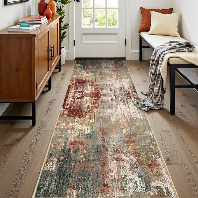 Washable Area Rugs 2'x8' Non-Slip Modern Abstract Soft for Living Room Entryway Bedroom Nursery, Print Pattern, Brown Rust Red Multi