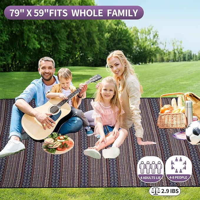 Picnic Blankets Outdoor Extra Large-Waterproof Picnic Blanket with Shoulder Carry Strap | Machine Washable Picnic Mat with Sandproof Backing for Park , Grass, Camping, Hiking, Concerts (Blue)