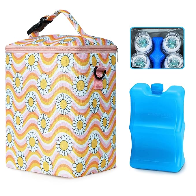 Breastmilk Cooler Bag with Ice Pack Fits 4 Baby Bottles Up to 9 Ounce Insulated Baby Bottle Bag Breast Milk Cooler on The Go with Strap Baby Bottle Cooler Bag for Nursing Mom Daycare or Travel