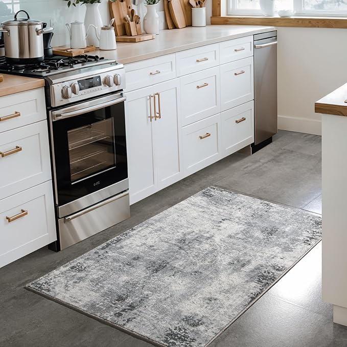 Entryway Rug 2x3 Grey Rug, Washable Abstract Small Rugs Non-Slip Low Pile Throw Rugs for Kitchen Floor, Front Door, Bedroom Bedside