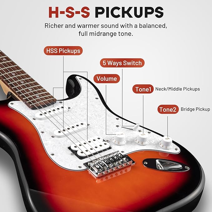 CAHAYA Electric Guitar Kit 39in - Full Size Electric Guitar Kit for Beginner Starter Poplar Solid Body with 10W Amplifier, Gig Bag, Strap, Tuner, Cable, String, Picks