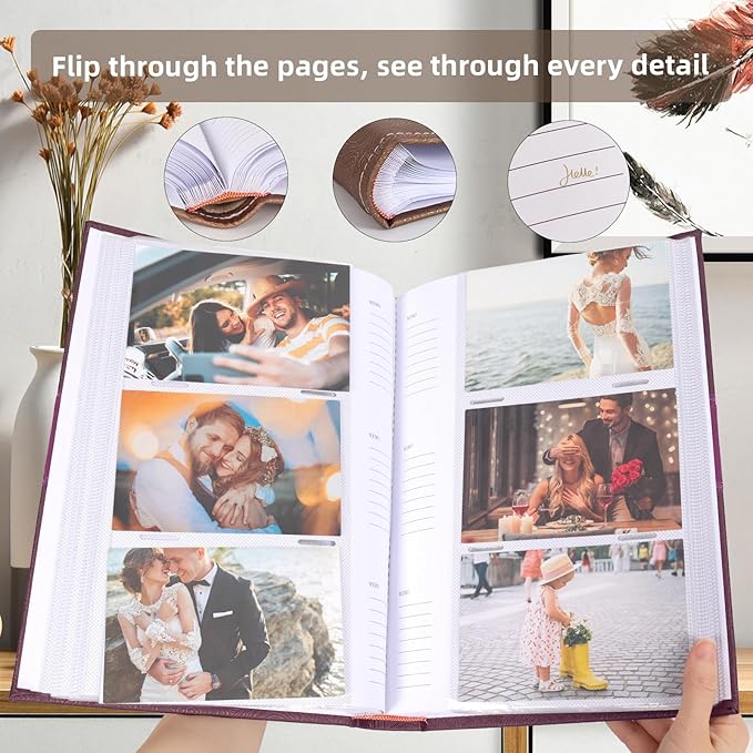 RECUTMS Photo Album with Writing Space 4x6 300 Pockets Photo Book,Leather Cover Picture Album with Memo Areas for Wedding Anniversary Family Baby Couple Valentines Graduation Travel (Purple)