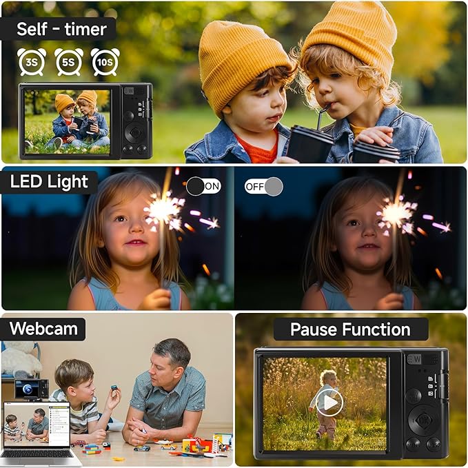 Digital Camera 4K, Upgrade Black Cameras for Teens, Autofocus Digital Point and Shoot Camera for Kids with 16X Zoom, 64GB SD Card, Compact Small Camera for Boys Girls Teens Kids Gift