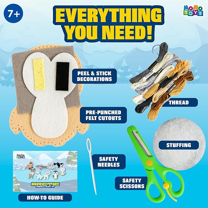 MOMOTOYS Arctic Animals Beginner Sewing Kit for Kids Ages 7+ – Includes 9 Kids Sewing Projects with Tools & Art Supplies – DIY Felt Crafts for Girls & Boys – Gifts for 7, 8, 9, 10, 11, 12 Year Old