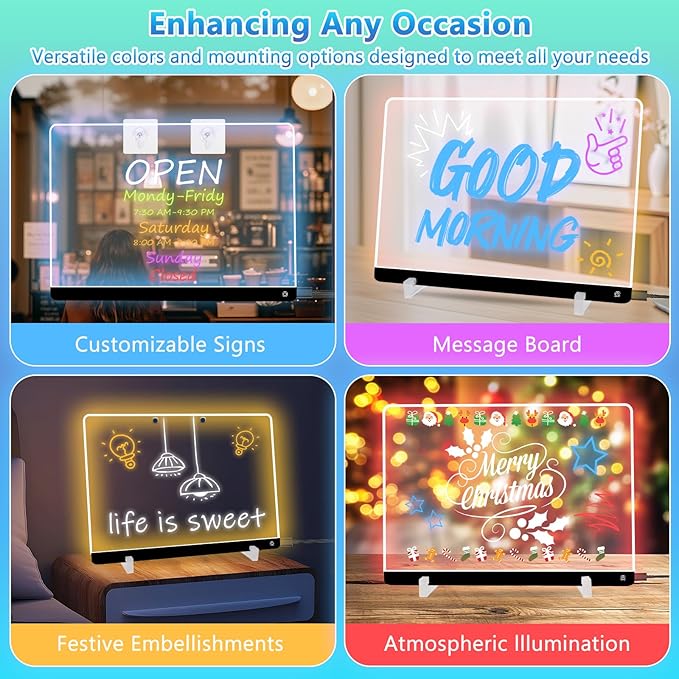 Led Drawing Board for Kids with Stand, Small White Board 14.5"X10.6" 7 Colors Acrylic Dry Erase Board with Light, LED Note Board with Colors, Touch Control, 8 Markers,as Night Light for Festival/Gift