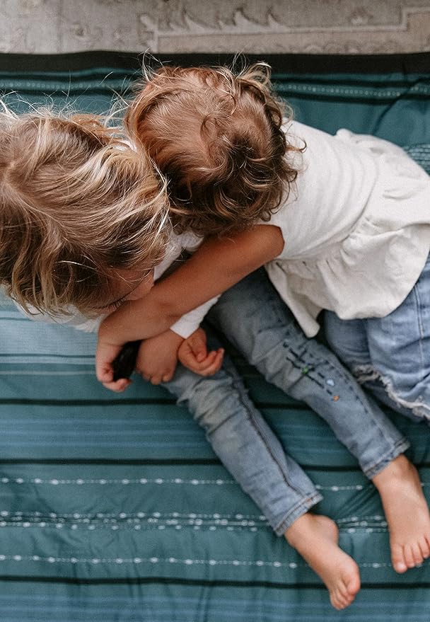 Little Unicorn 5'x10' XL Outdoor Family Picnic & Beach Blanket | Durable & Water-Resistant Fabric | Compact Fold & Easily Wipes Clean | Zipper Pocket (Shoreline Stripe)