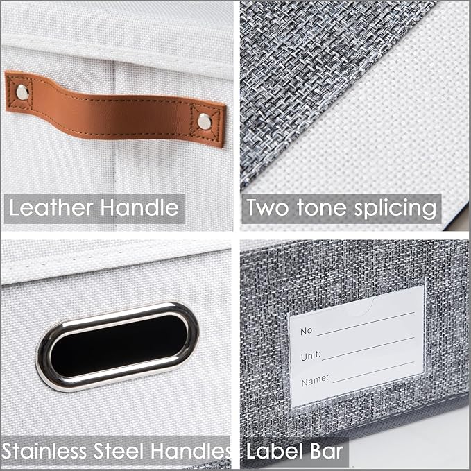 PRANDOM Foldable Storage Bins with Lids [3-Pack] Fabric Collapsible Storage Boxes Baskets Cubes Containers with Handles for Closet Living Room Bedroom (Grey & White 14.9x9.8x9.8'')