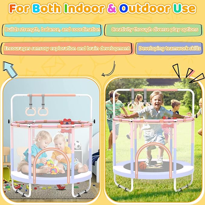 60'' Toddler Trampoline with Safety Enclosure Net, Trampoline for Kids Certified by ASTM USA 2-8 Year Old for Indoor, Lawn Garden