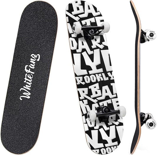 WhiteFang Skateboards for Beginners, Complete Skateboard 31 x 7.88, 7 Layer Canadian Maple Double Kick Concave Standard and Tricks Skateboards for Kids and Beginners