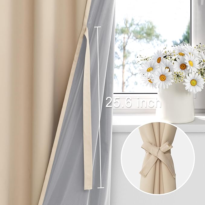 XWZO 100% Blackout Window Curtains with Tiebacks- Privacy Protection & Noise Blocking Window Draperies Rod Pocket with Black Liner for Bedroom/Living Room, Biscotti Beige, W42 x L72, Set of 2 Panels