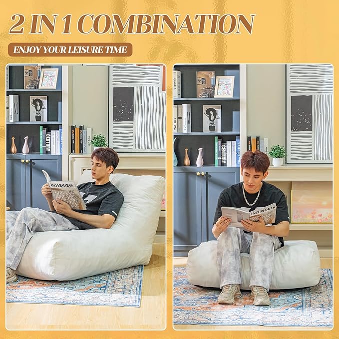 Bean Bag Chair with Ottoman, Comfy Bean Bag Sofa with Memory Foam, Lazy BeanBag Sofa with Footstool, Fireside Bean Bag Couch for Living Room, Bedroom, Apartment