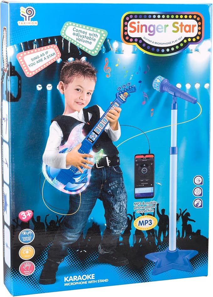 TAKIHON Guitar and Microphone Set for Kids,Guitar Toys with Music&Colorful Light,Adjustable Height Microphone with Stand,Karaoke Toys Gift for Boy,Girls,Toddlers(Blue)-Upgraded