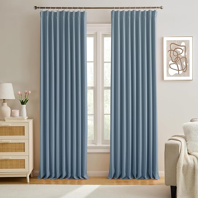 KEQIAOSUOCAI 2 PCs Dusty Blue Pleat Wide Drapes for Sliding Glass Door 60 Wide x 95 Inch Long, Privacy Light Block Noise Reduce Insulated Ceiling to Floor for Locker Room Basement Bedroom Closet