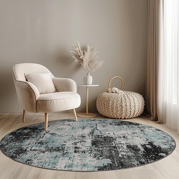 Washable Area Rugs 6ft Non-Slip Modern Abstract Soft for Living Room Entryway Bedroom Nursery, Print Pattern, Blue Black Teal