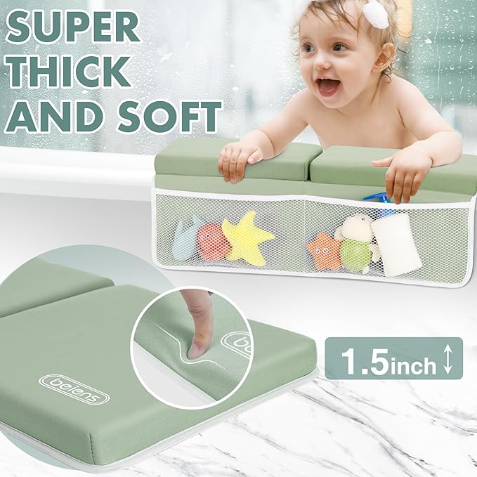 beiens Bath Kneeler and Elbow Rest Pad Set - 1.5'' Comfortable Thick Baby Bath Kneeler Pads, Quick Dry Soft Kneeling Pad for Baby Bath Time, Non-Slip Knee& Arm Support Bathtub Mat with Toys Organizer