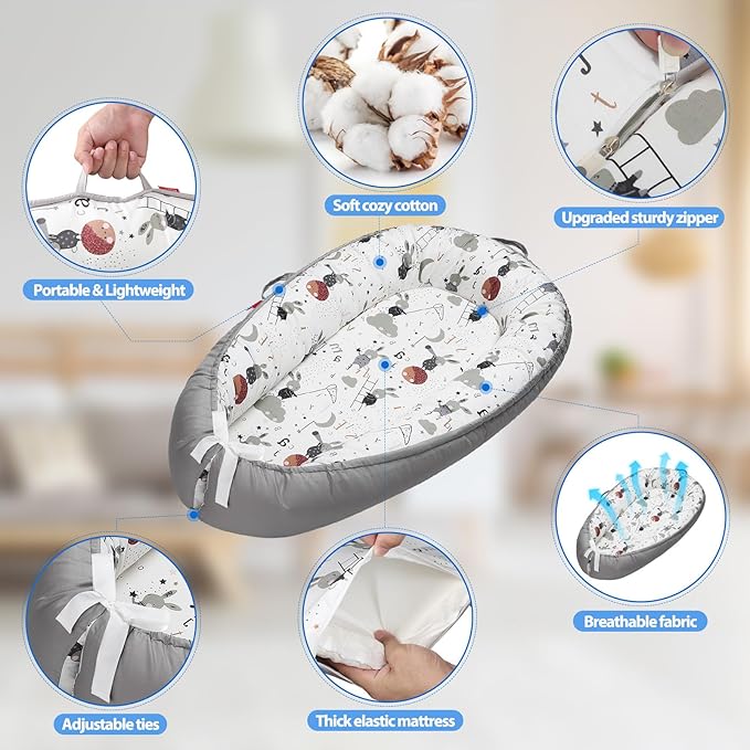 Baby Lounger - Breathable & Soft Baby Nest, Portable and Lightweight Tummy Time Lounger for Home and Travel, Ideal Newborn Babies Essentials Baby Shower Gifts