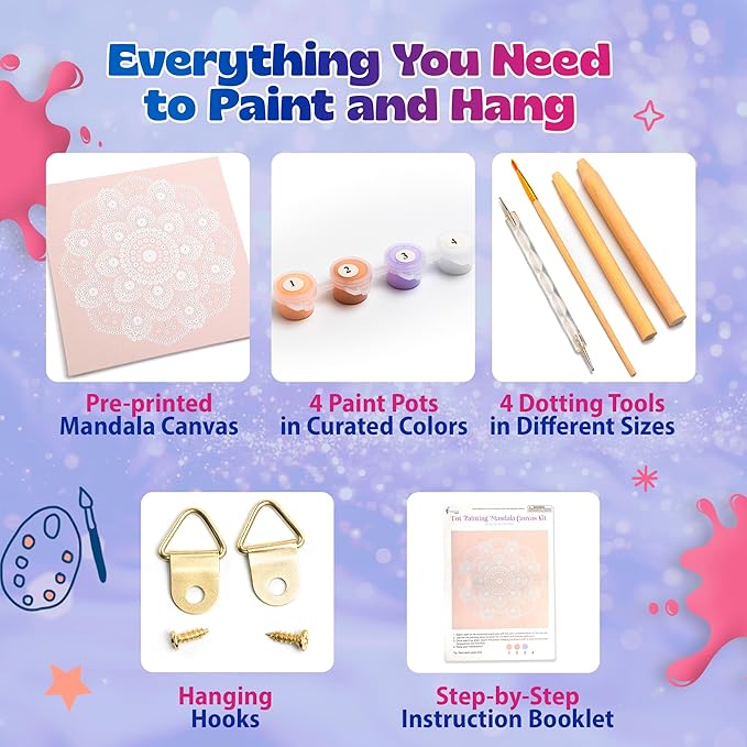 Pinwheel Crafts Painting Kit Mandala for Kids Ages 6-12 - Dot Painting Canvas Set with Mandala Dotting Tools, Paints, Brushes, Easy Instruction - Relaxing DIY Gift, Arts and Crafts Kit for Teens