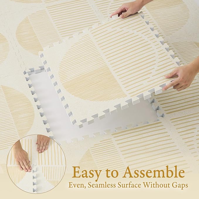 PopsyKosy Premium Exercise & Baby Foam Play Mats - Stylish & Large Non-Toxic Odorless Floor Mat - 6 Tiles - Spacious 6ft x 4ft - Peel-Resistant Reinforced, Soft Thick, Waterproof - Ecru Linen