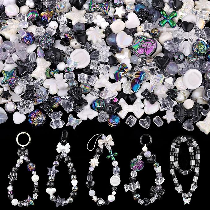 Assorted 170-230PCS Black Acrylic Beads for Bracelet Making, Flower Bow Butterfly Candy GummyBear Aesthetic Bracelet Charms,Cute Beads for Jewelry Making DIY Necklace Keychain Phone Charm