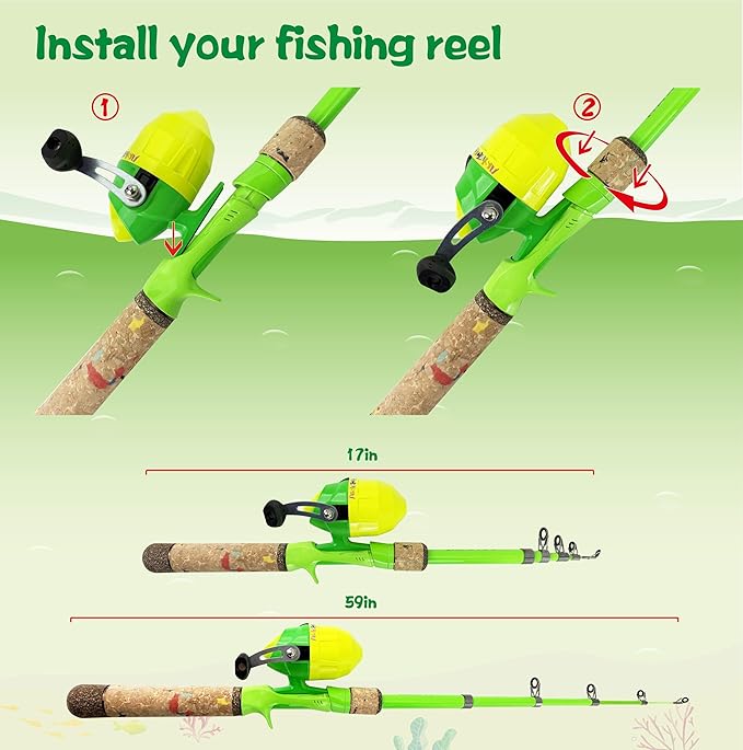 Kids Fishing Pole Set, Kids Fishing Rod and Reel Combo and Fishing Net Tackle Box with Fishing Lures Hooks and Bag for Boy, Girl, Youth, Beginner, Over 3 Years Old