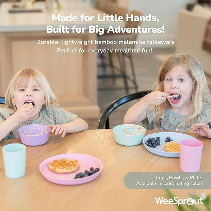 WeeSprout Bamboo Kids Bowls with Lids, Set of Four 15 oz Kid-Sized Bamboo Bowls, Bamboo Kid Bowls with Lids for Leftovers, Dishwasher Safe (Blue, Green, Gray, & Beige)