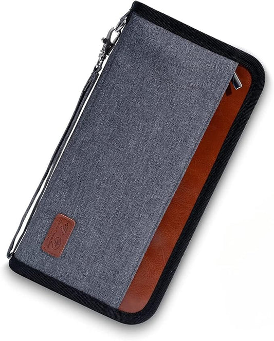 Real Leather Wallet RFID Family Passport Holder Waterproof Travel Essentials (Grey)