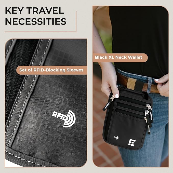 Neck Wallet for Travel & Passport Holder with RFID Blocking - Slim & Easy to Conceal Nylon Travel Pouch for men & women - Holds Phone, Cash, Cards, Keys - Sweat & Water Resistant - X-Large - Black